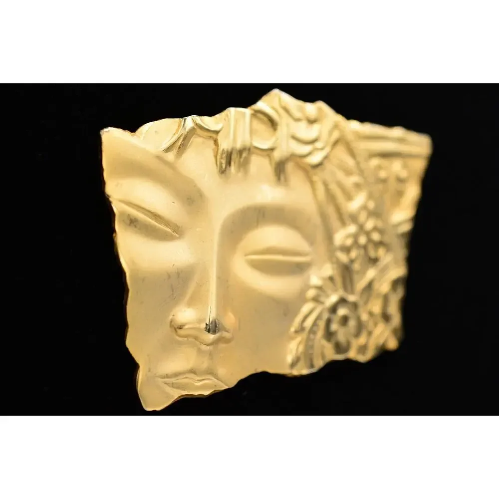 JJ Vintage Pin Brooch Asian Abstract Statue Brushed Gold Signed 1980s BinAJ